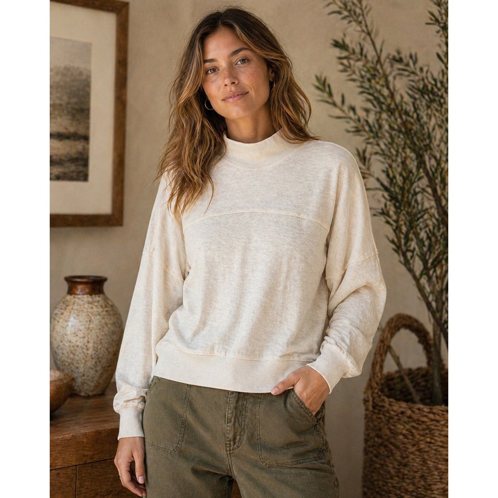 Prana Hemp Blend Mock Neck Long Sleeve Top Womens Large Cream Relaxed Boxy Boho